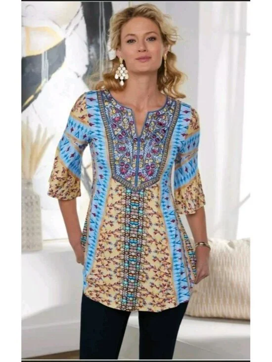 Soft Surroundings Size M Tunic Top Fifi Embroidered Boho Bell Sleeve Blue Floral - Picture 7 of 7